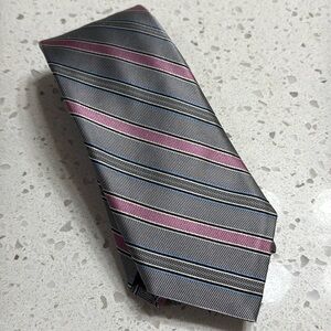 Robert Talbots Silk Tie Grey/pink/blue striped Hand made in USA work career‎ 61”